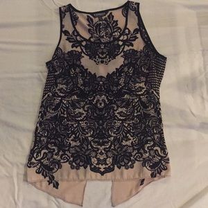 Tan/black floral design blouse